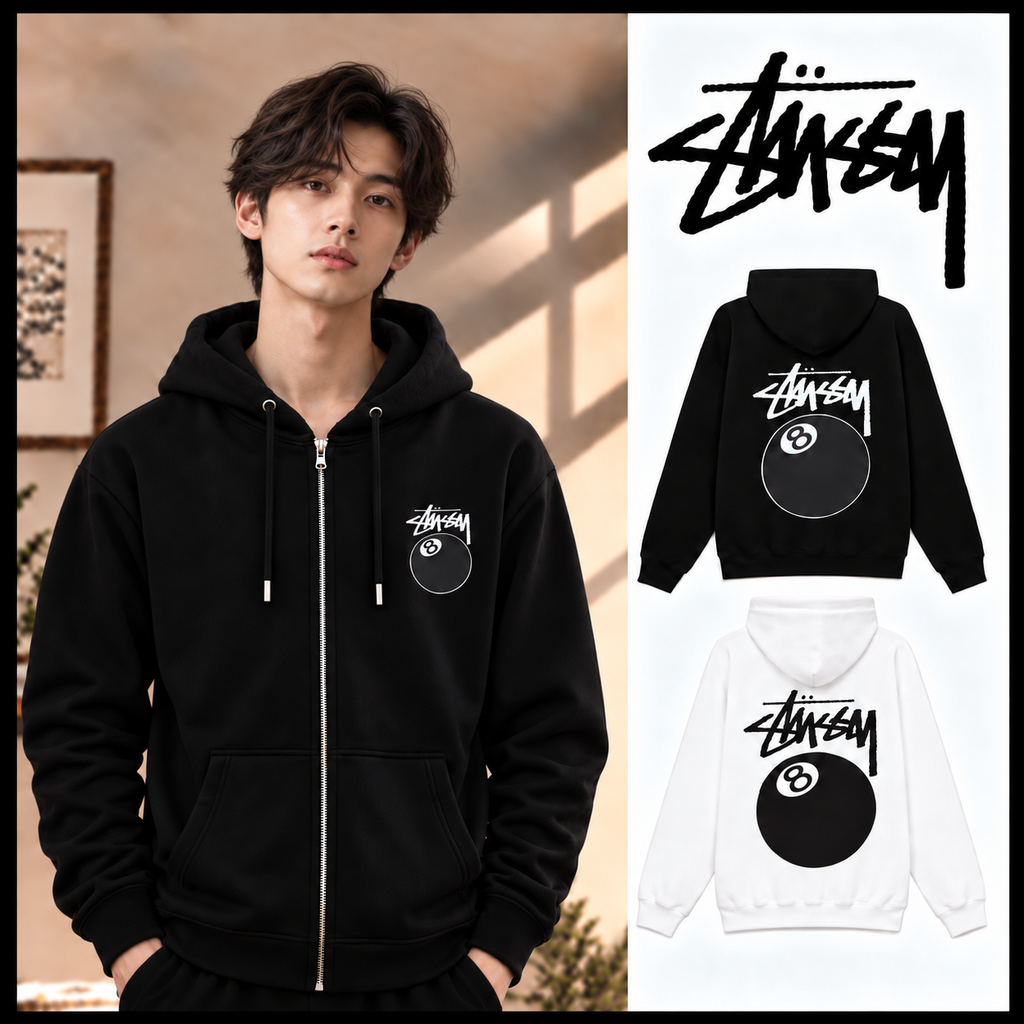Stussy ジップアップパーカー 8ボールプリント ブラック/ホワイト 男女兼用 HN321